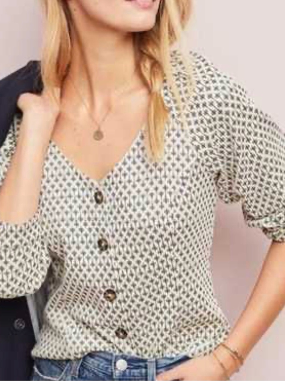 Anthropologie Cream and Black Geometric Button-Front V-Neck Blouse